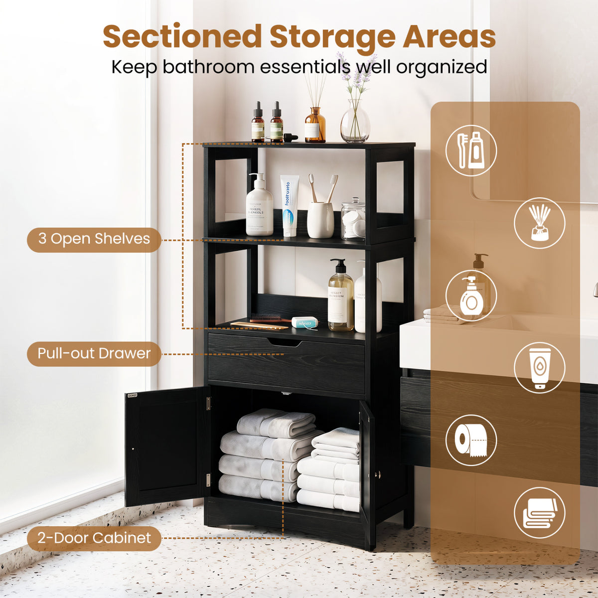 Bathroom Storage Cabinet with Open Shelves and Drawer