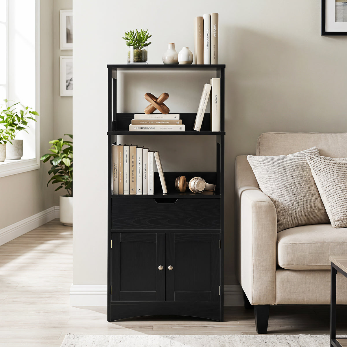 Bathroom Storage Cabinet with Open Shelves and Drawer