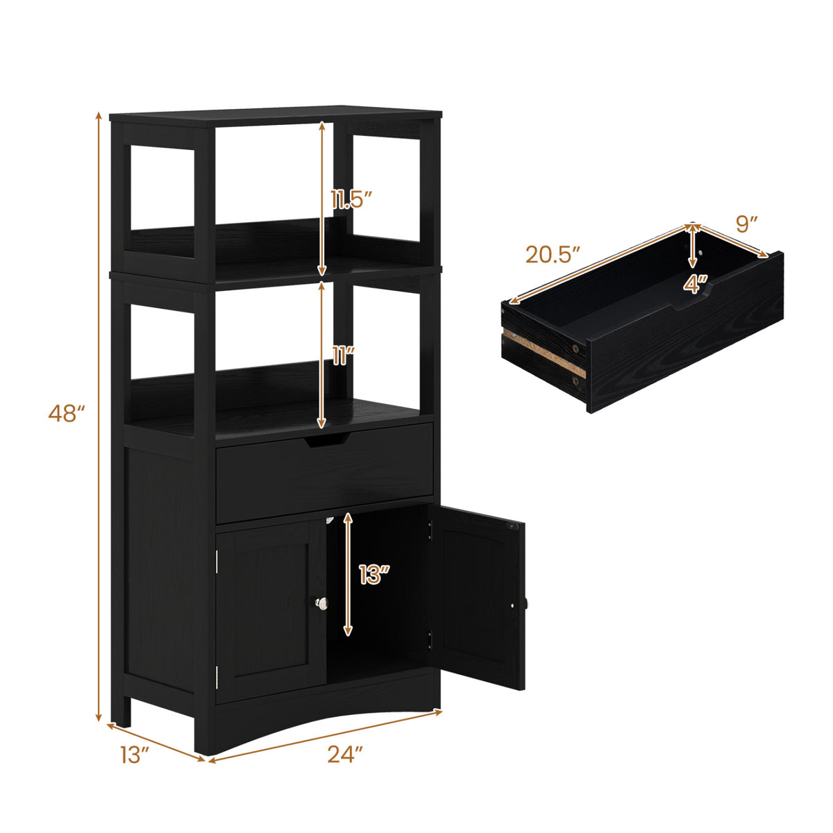 Bathroom Storage Cabinet with Open Shelves and Drawer