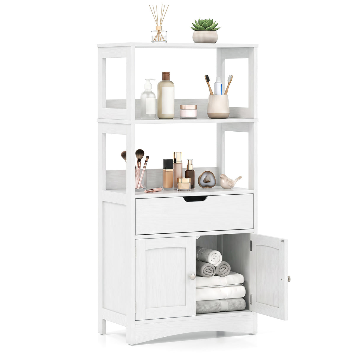 Bathroom Storage Cabinet with Open Shelves and Drawer
