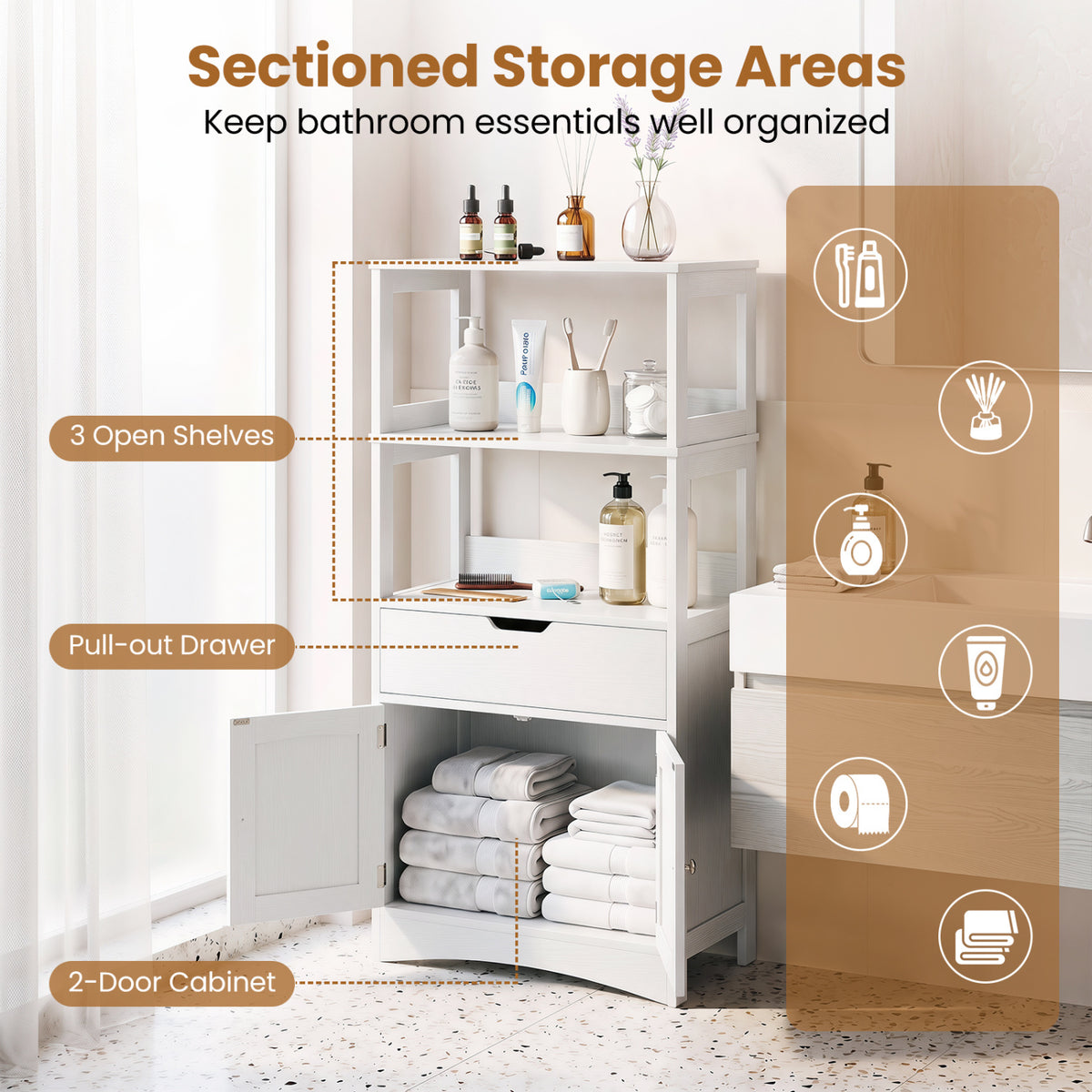 Bathroom Storage Cabinet with Open Shelves and Drawer