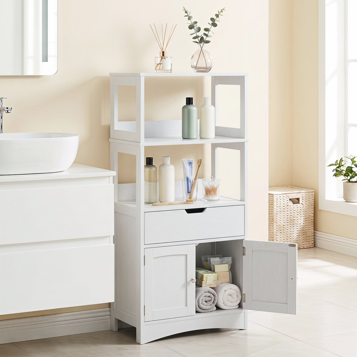 Bathroom Storage Cabinet with Open Shelves and Drawer