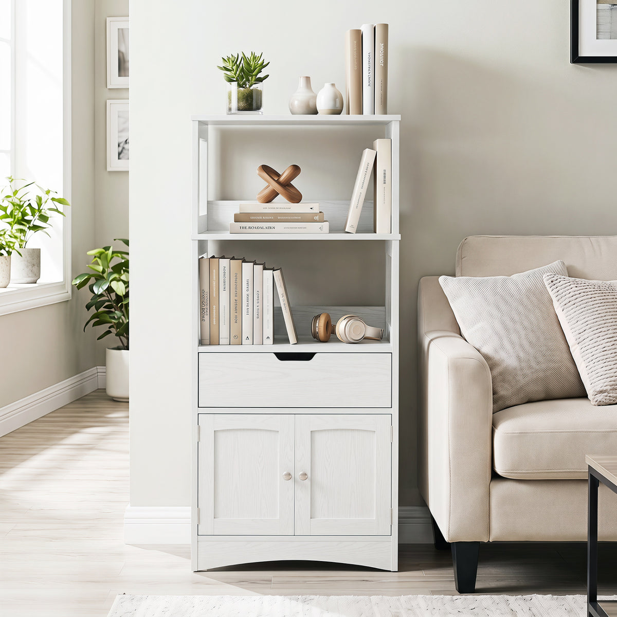 Bathroom Storage Cabinet with Open Shelves and Drawer