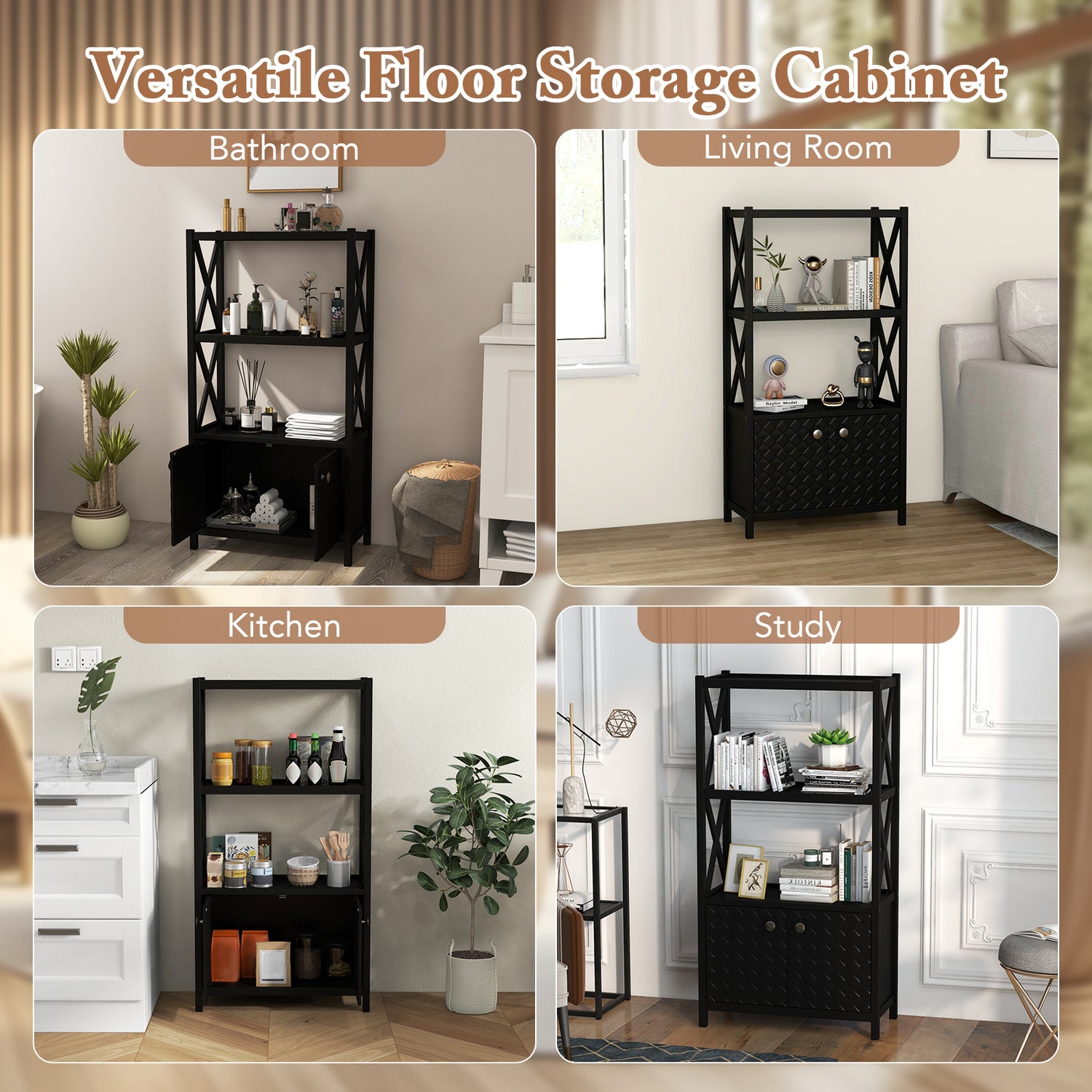 Bathroom Storage Cabinet with Open Shelves and Double Doors