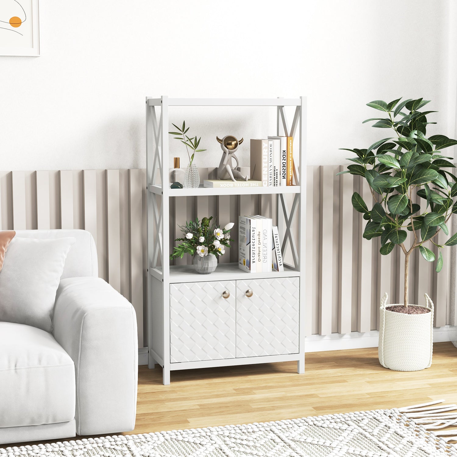 Bathroom Storage Cabinet with Open Shelves and Double Doors