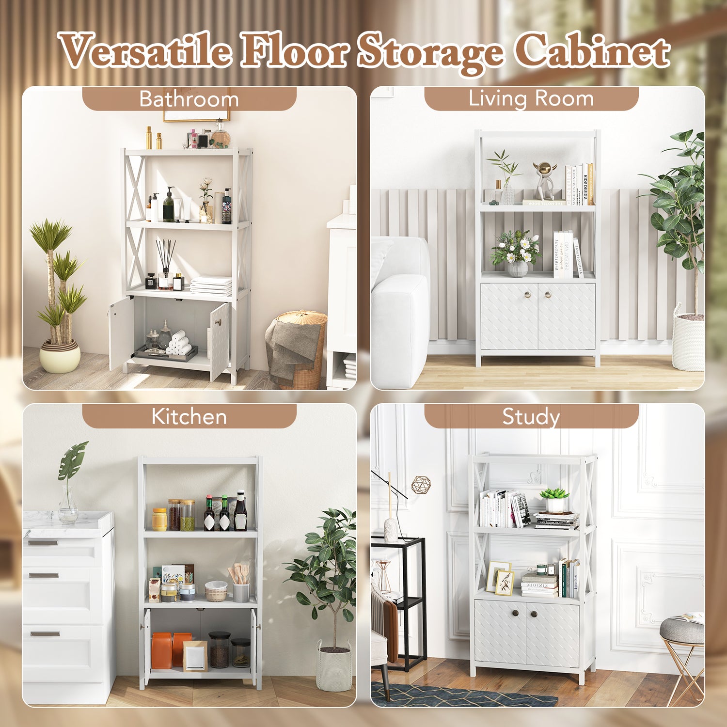 Bathroom Storage Cabinet with Open Shelves and Double Doors