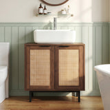 Bathroom Vanity Cabinet with U-Shaped Cut-Out 2 Rattan Doors and Shelf