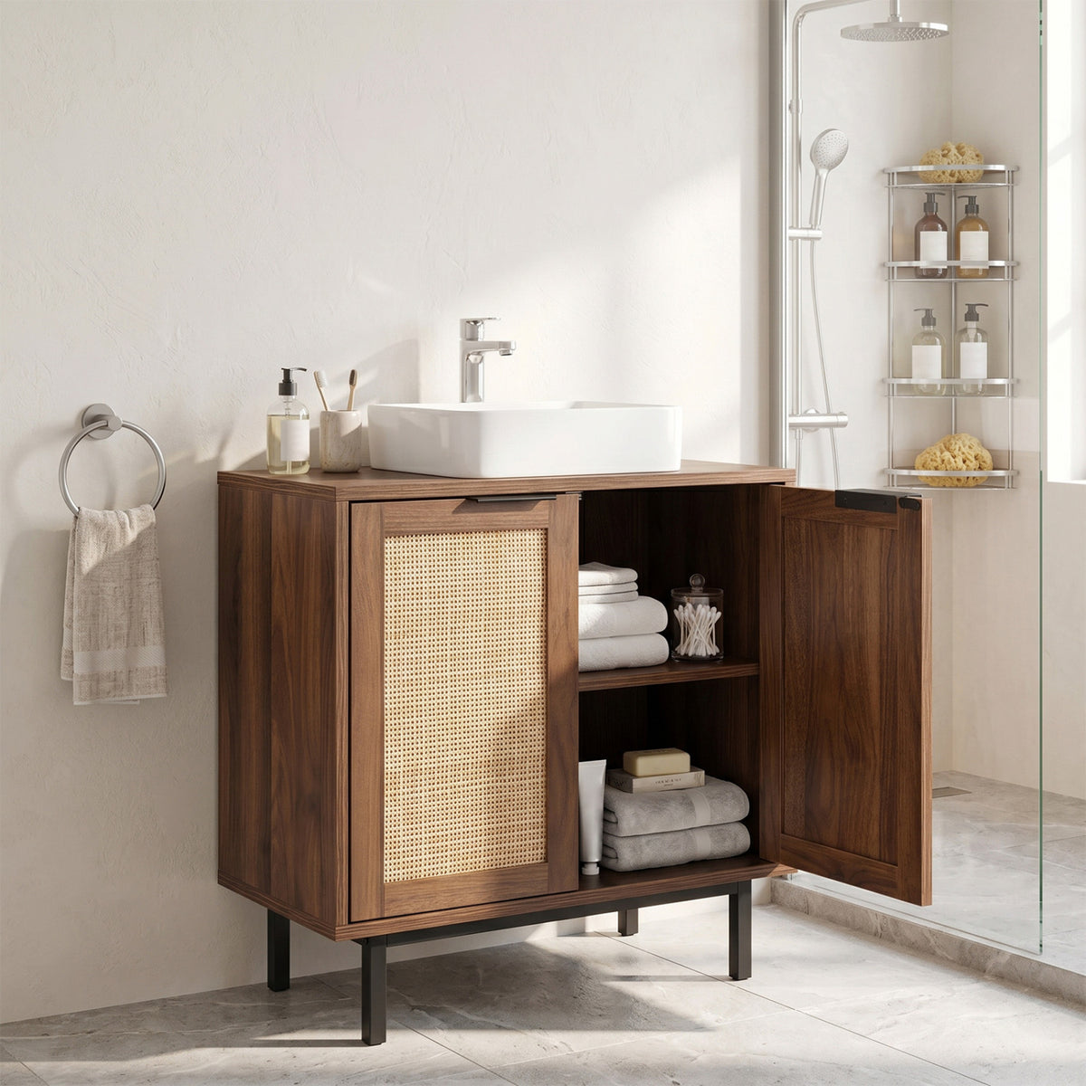 Bathroom Vanity Cabinet with U-Shaped Cut-Out 2 Rattan Doors and Shelf