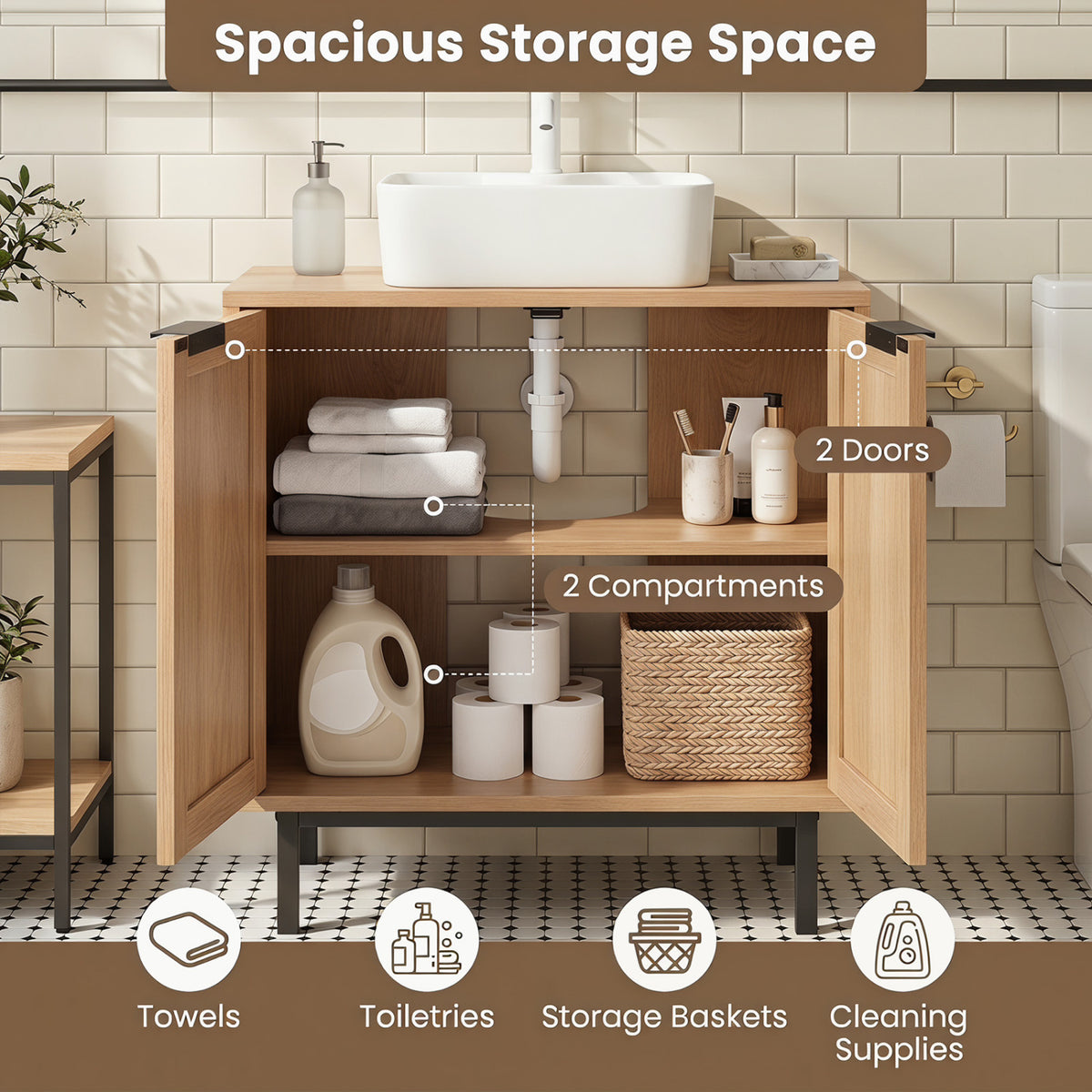 Bathroom Vanity Cabinet with U-Shaped Cut-Out 2 Rattan Doors and Shelf