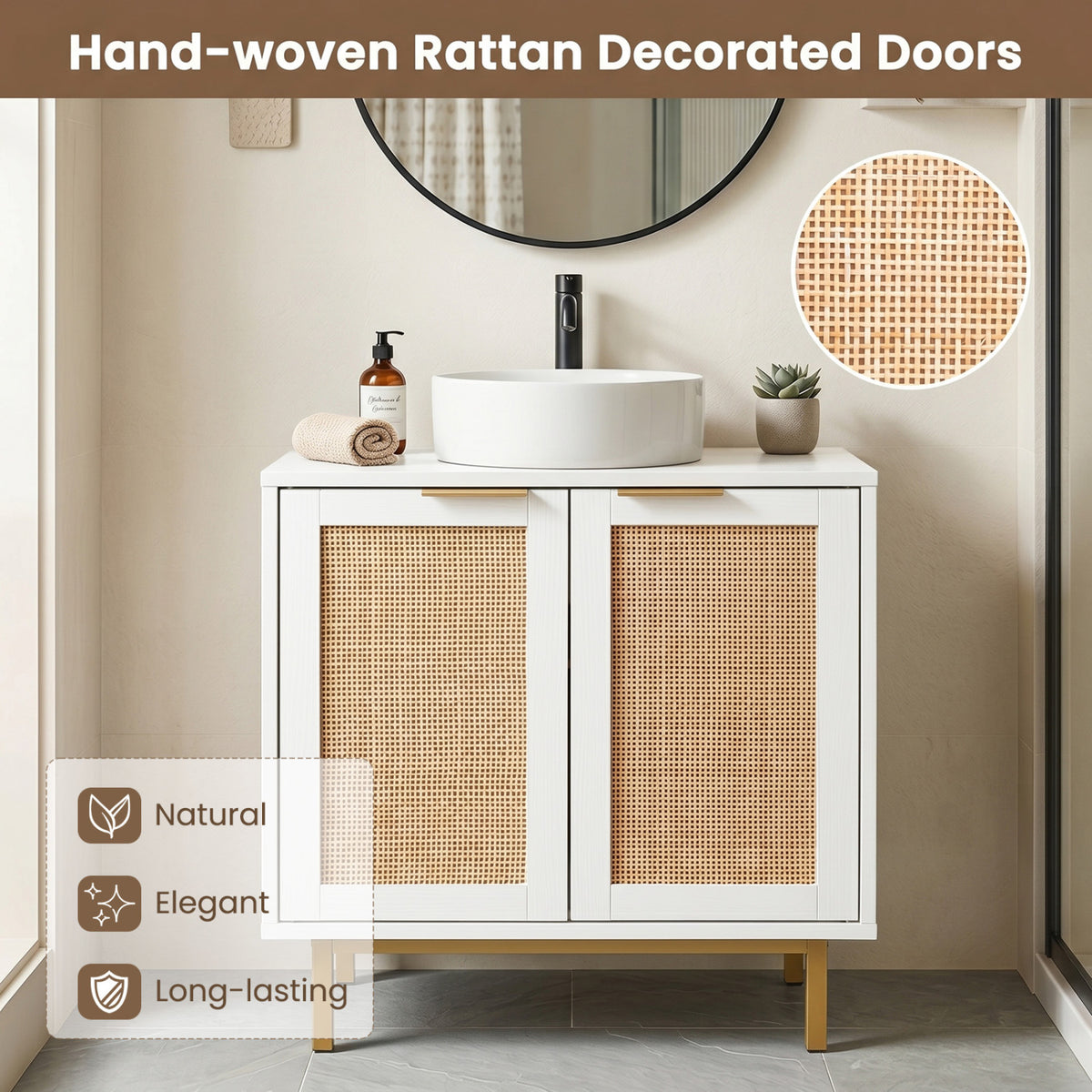 Bathroom Vanity Cabinet with U-Shaped Cut-Out 2 Rattan Doors and Shelf