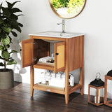 Bathroom Vanity with Ceramic Sink 2 Rattan Doors and Slatted Shelf