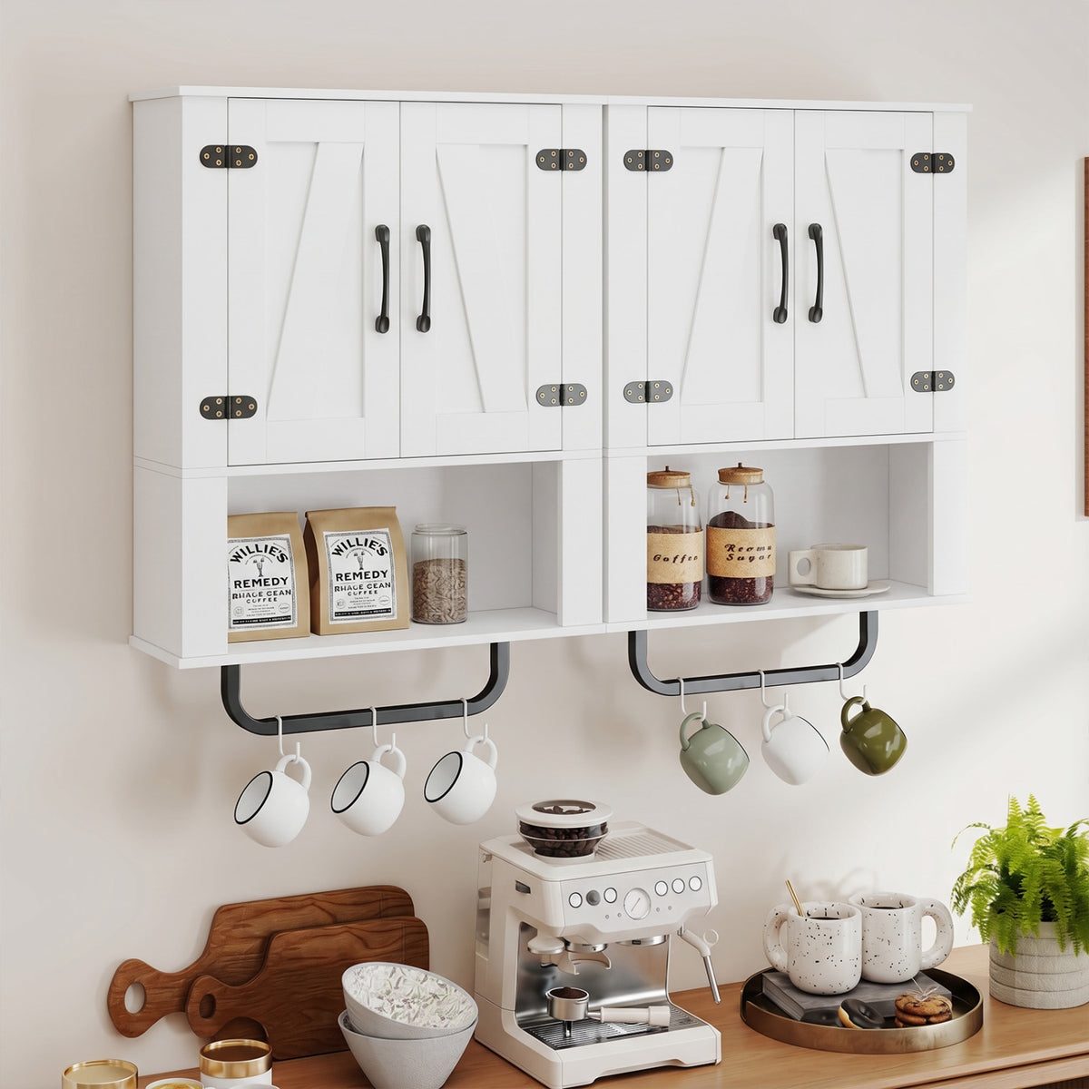 Bathroom Wall Cabinet with 2 Barn Doors and Towel Bar and 3-Tier Wooden Storage