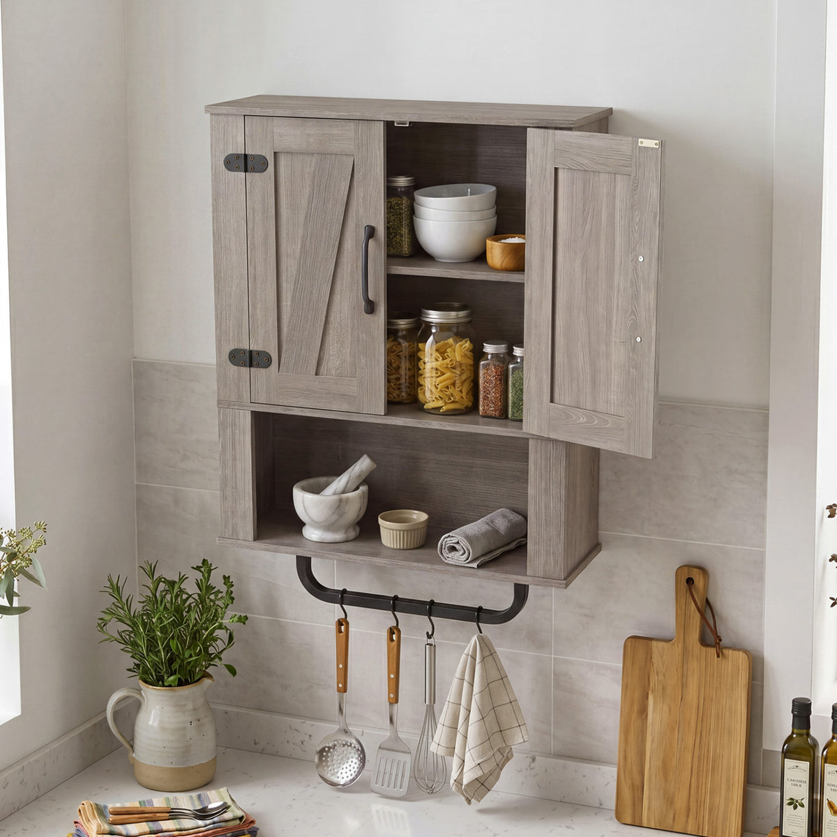 Bathroom Wall Cabinet with 2 Barn Doors and Towel Bar and 3-Tier Wooden Storage