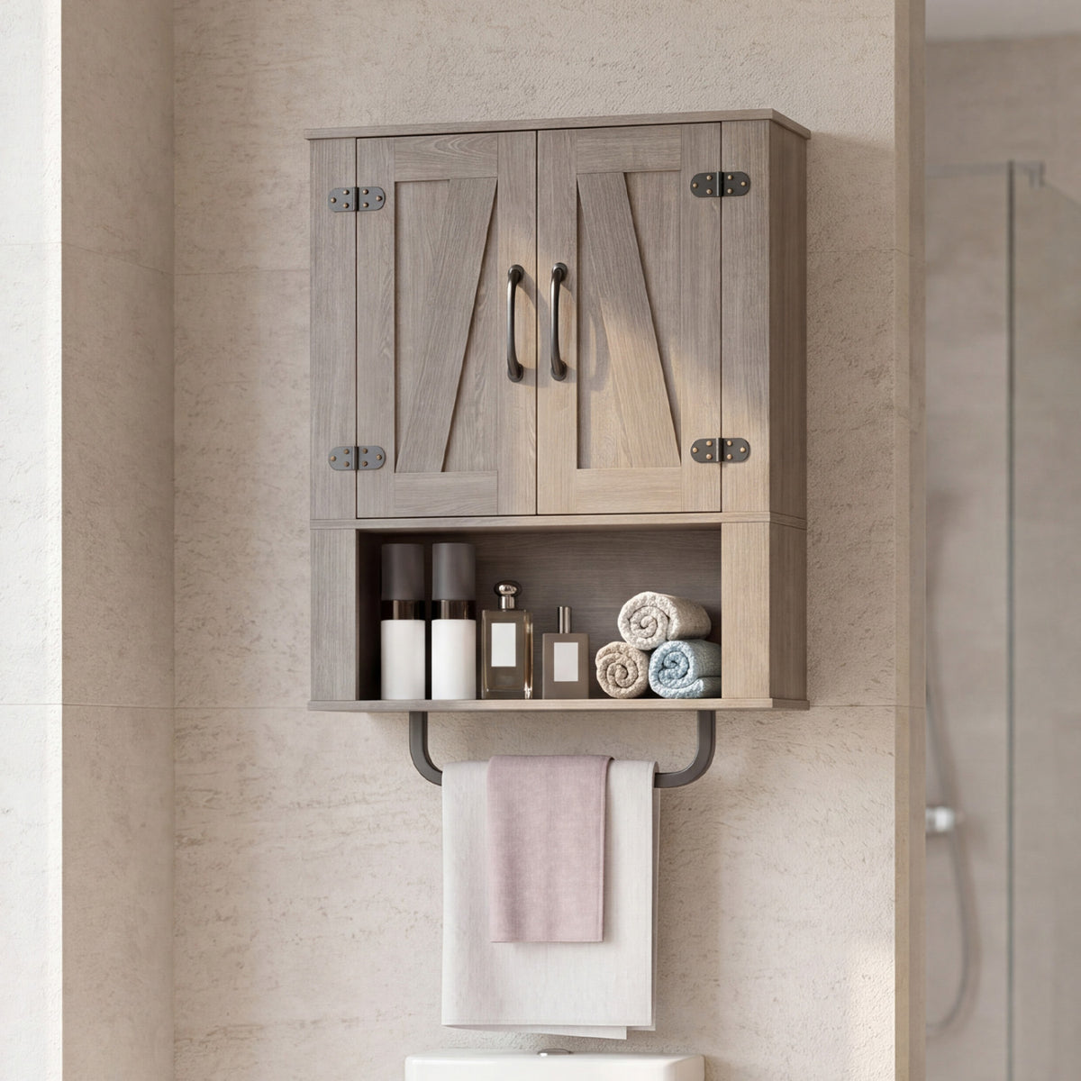 Bathroom Wall Cabinet with 2 Barn Doors and Towel Bar and 3-Tier Wooden Storage