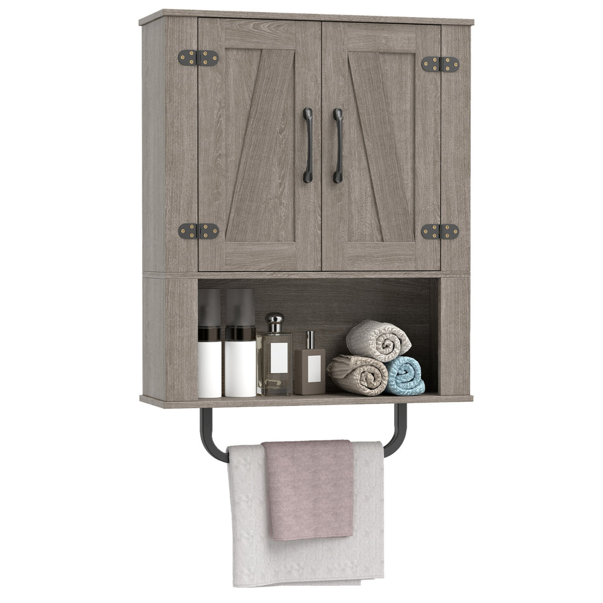 Bathroom Wall Cabinet with 2 Barn Doors and Towel Bar and 3-Tier Wooden Storage
