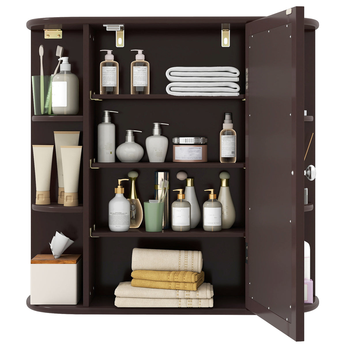 Bathroom Wall Cabinet with Mirror Door 4 Internal Adjustable Shelves and 6 Side Open Shelves-Brown
