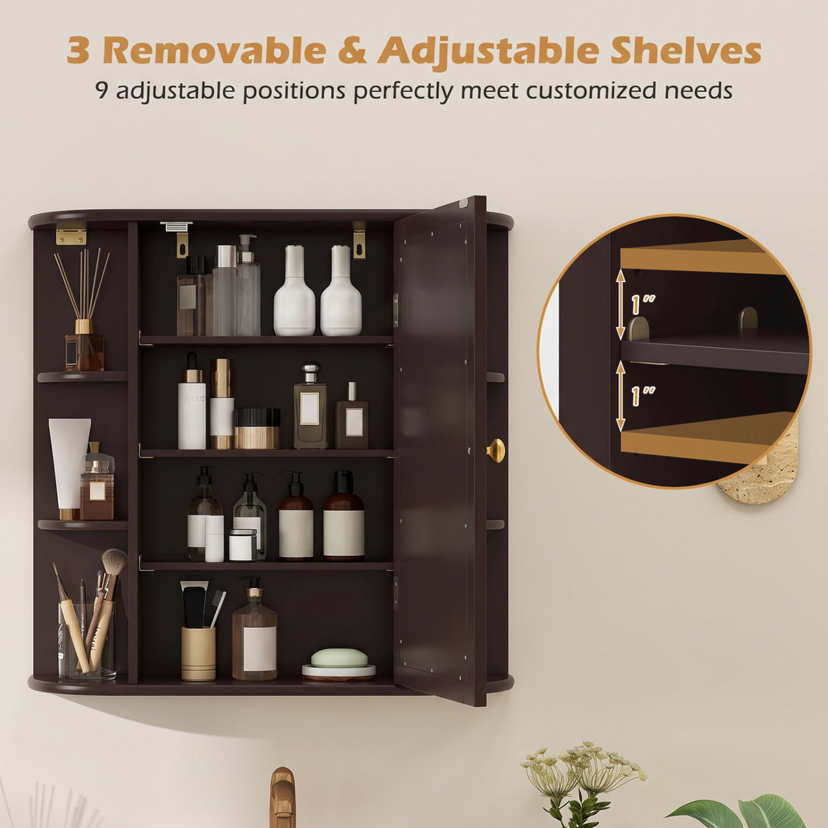 Bathroom Wall Cabinet with Mirror Door 4 Internal Adjustable Shelves and 6 Side Open Shelves-Brown