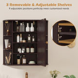 Bathroom Wall Cabinet with Mirror Door 4 Internal Adjustable Shelves and 6 Side Open Shelves-Brown