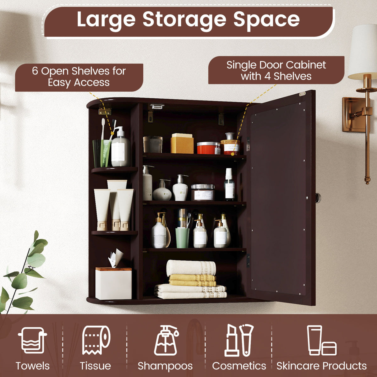 Bathroom Wall Cabinet with Mirror Door 4 Internal Adjustable Shelves and 6 Side Open Shelves-Brown