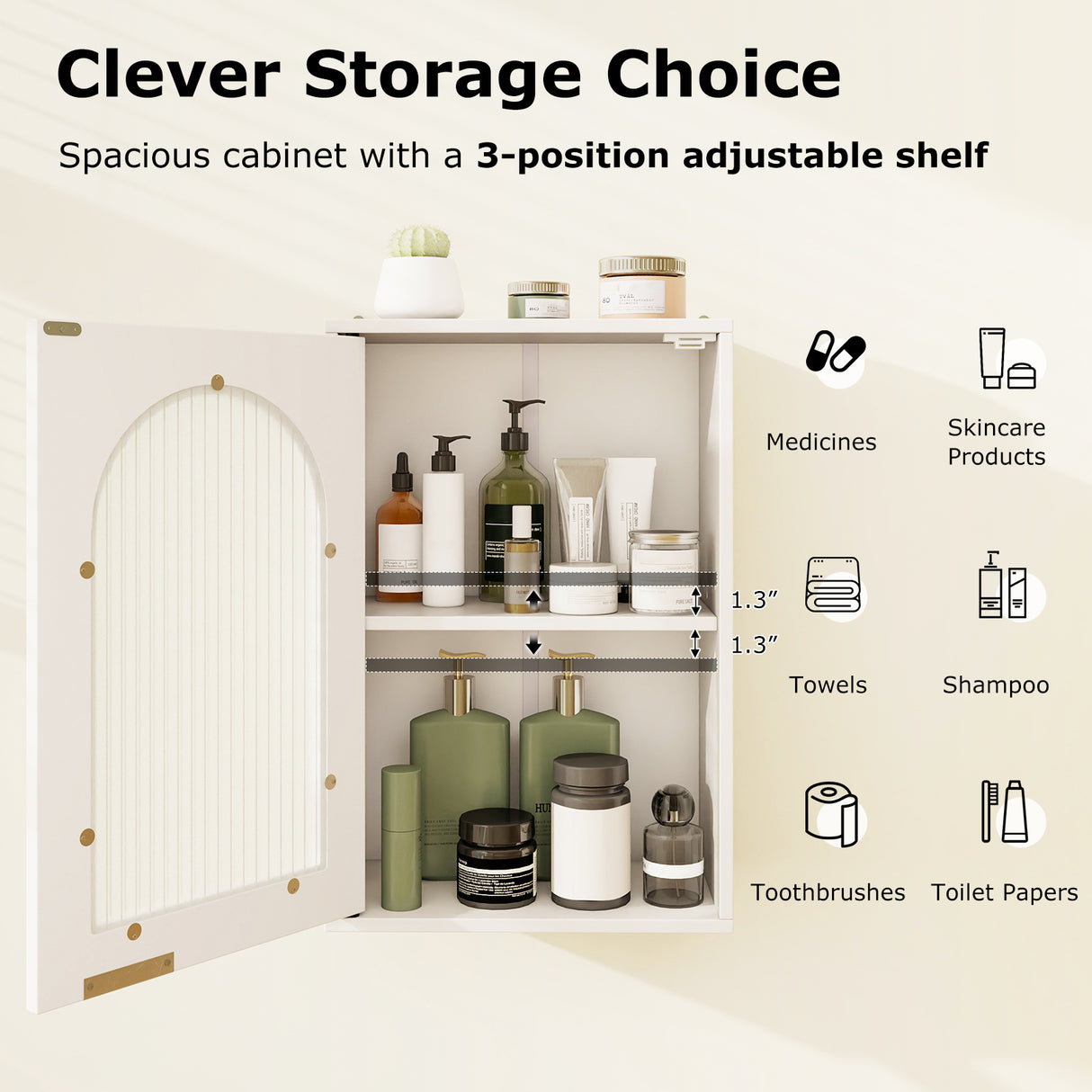Bathroom Wall Cabinet with Tempered Glass Door and Adjustable Shelf-White