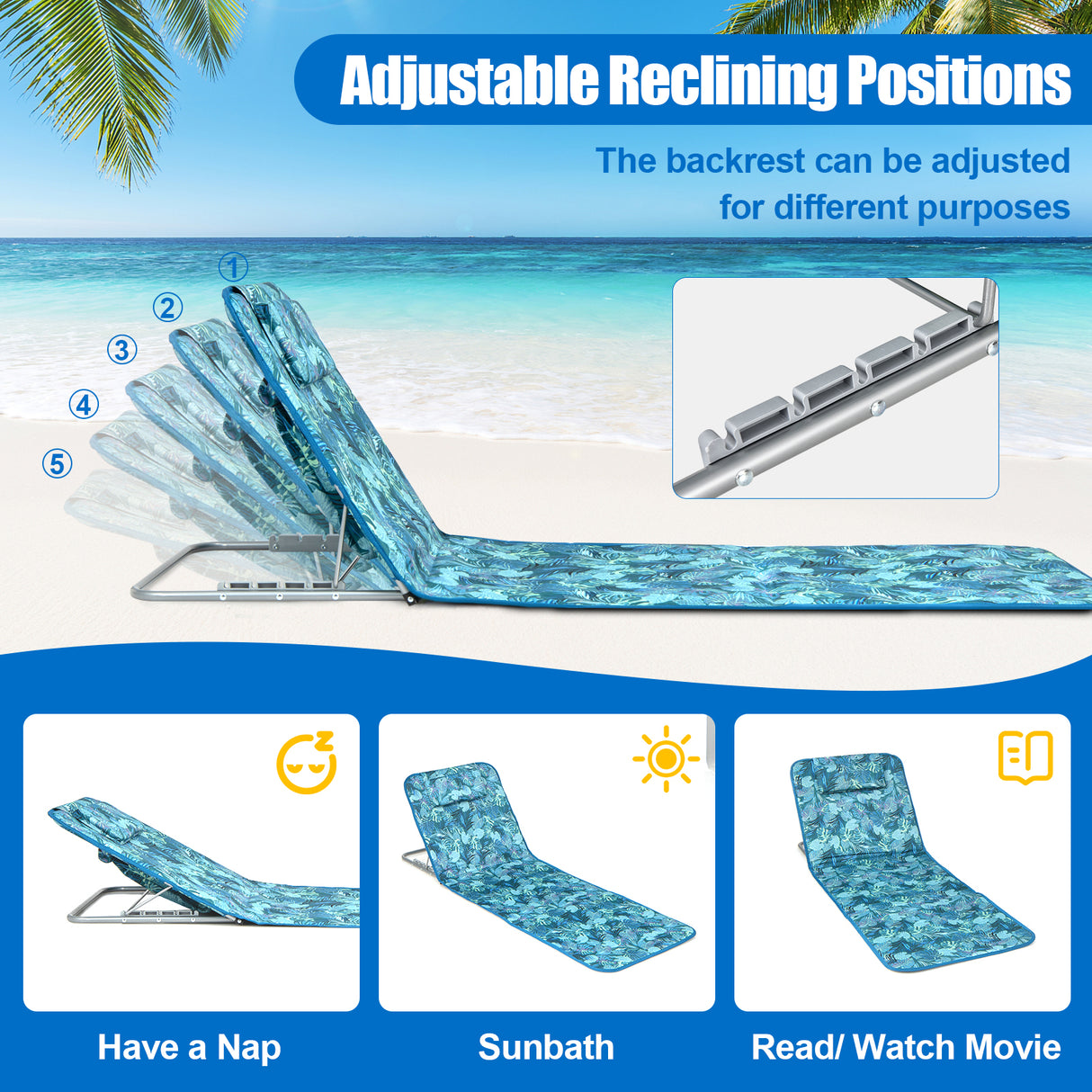 3 Pieces Beach Lounge Chair Mat Set 2 Adjustable Lounge Chairs with Table Stripe