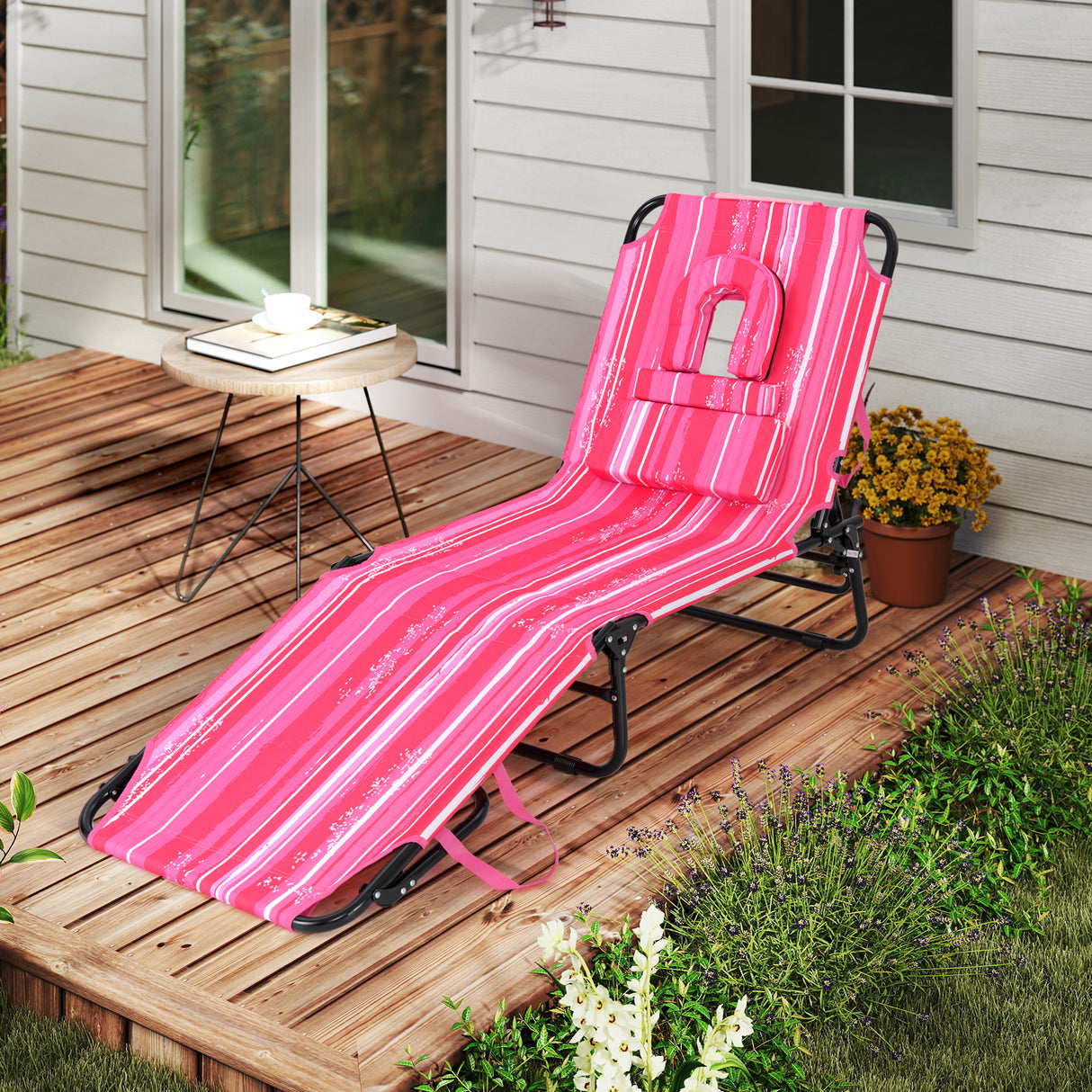 Beach Chaise Lounge Chair with Face Hole and Removable Pillow