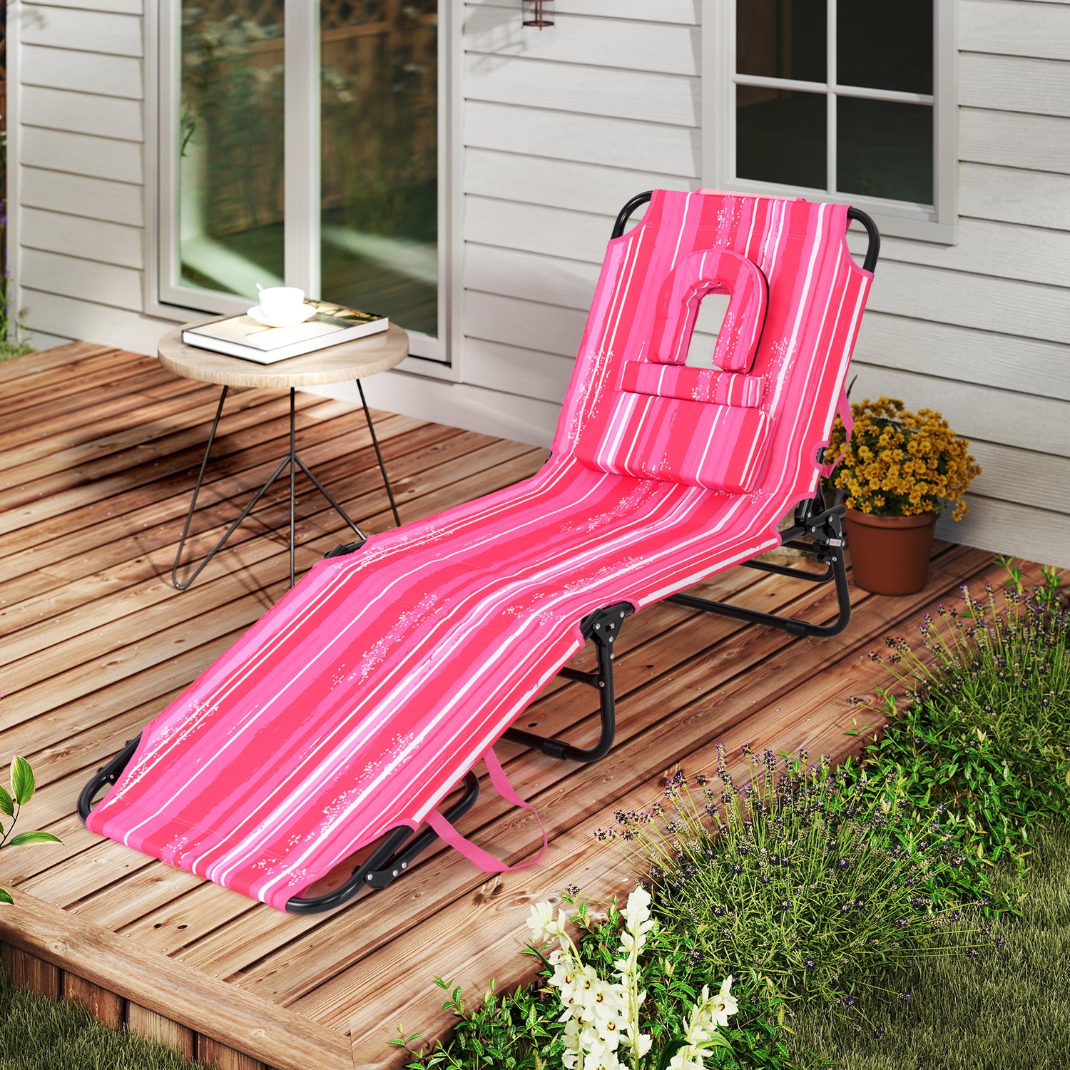Beach Chaise Lounge Chair with Face Hole and Removable Pillow