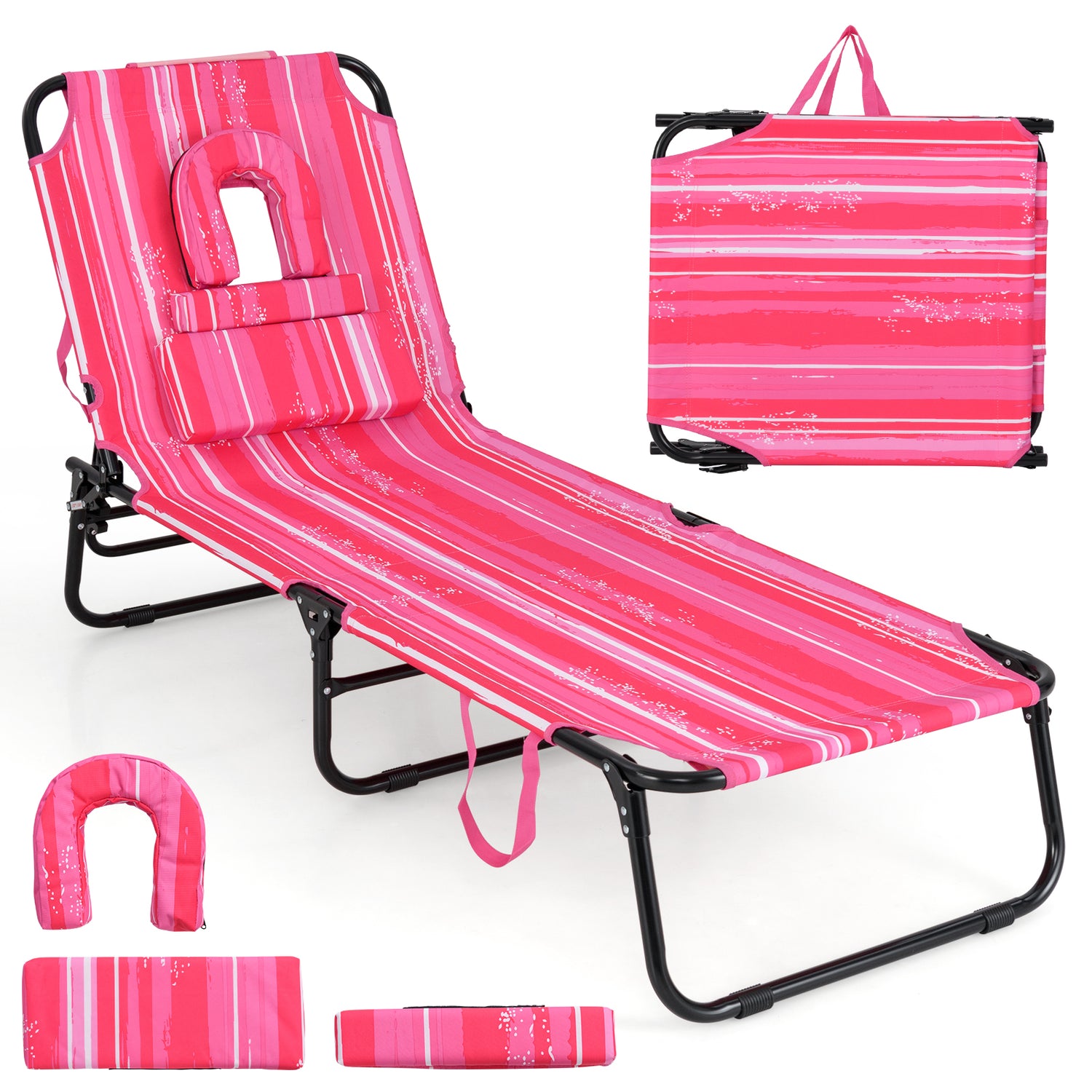 Beach Chaise Lounge Chair with Face Hole and Removable Pillow