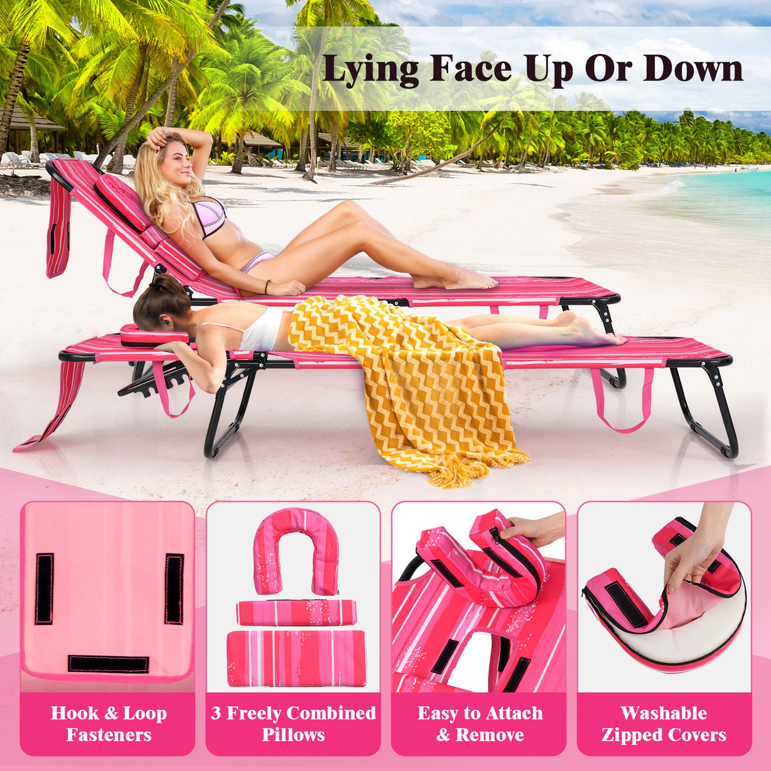 Beach Chaise Lounge Chair with Face Hole and Removable Pillow