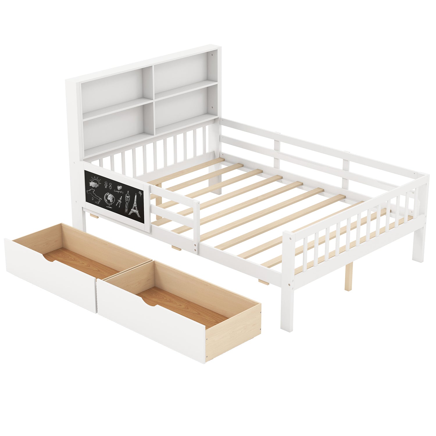Twin/Full Size Bed Frame with 2 Drawers and Bookcase for Boys and Girls