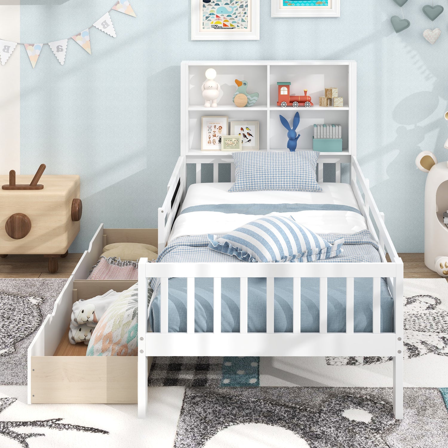 Twin/Full Size Bed Frame with 2 Drawers and Bookcase for Boys and Girls