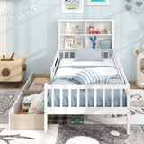 Twin/Full Size Bed Frame with 2 Drawers and Bookcase for Boys and Girls