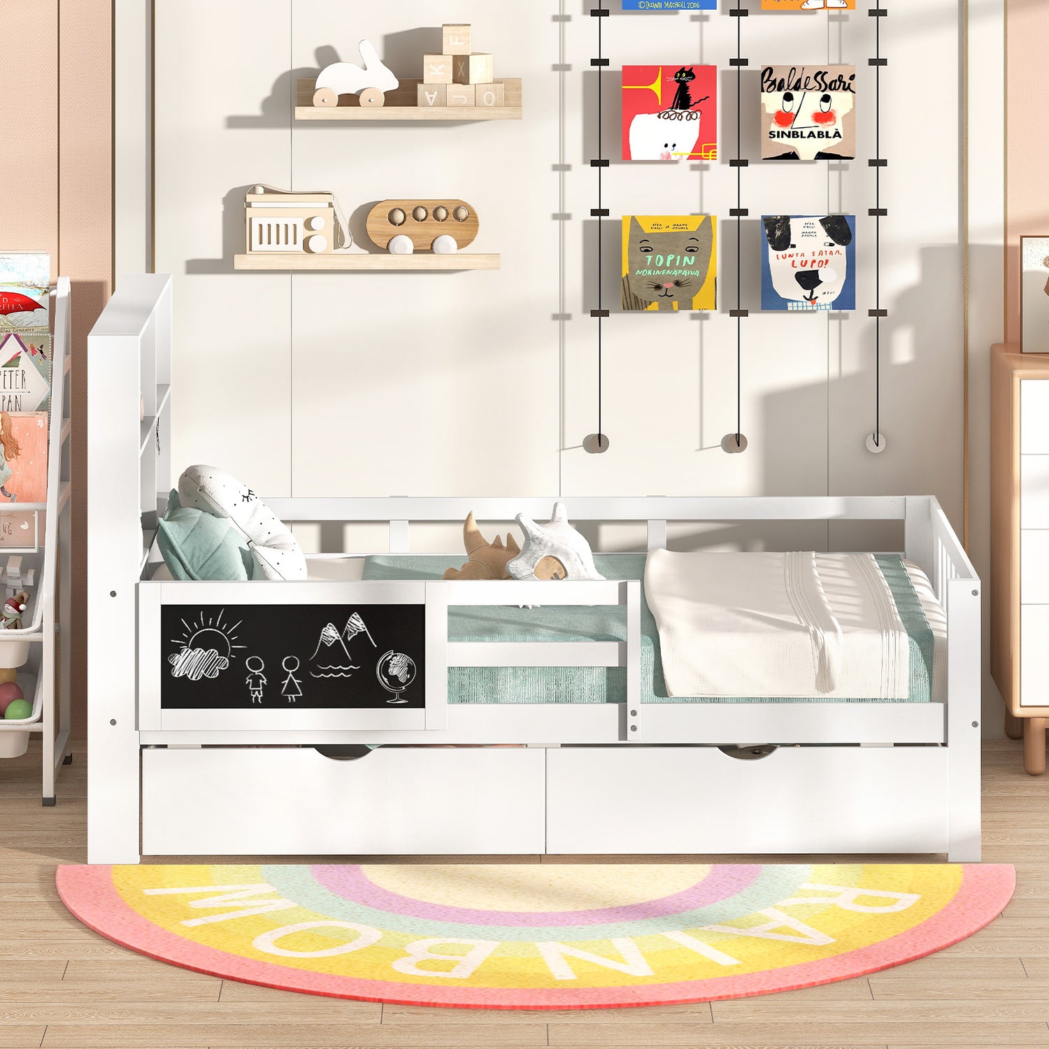 Twin/Full Size Bed Frame with 2 Drawers and Bookcase for Boys and Girls