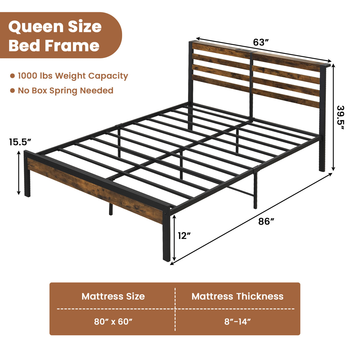 Full/Queen Size Bed Frame with Charging Station and Storage Headboard