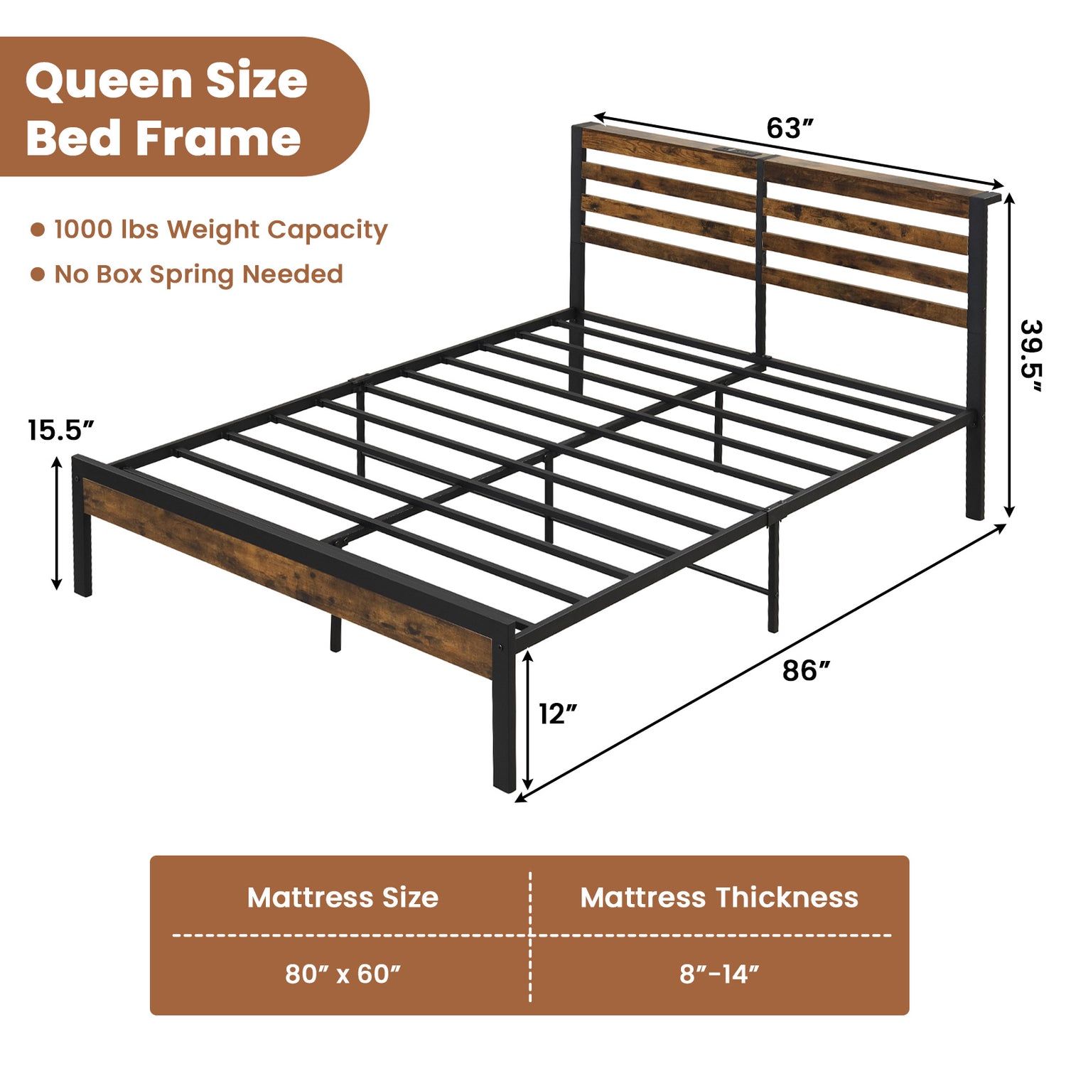 Full/Queen Size Bed Frame with Charging Station and Storage Headboard
