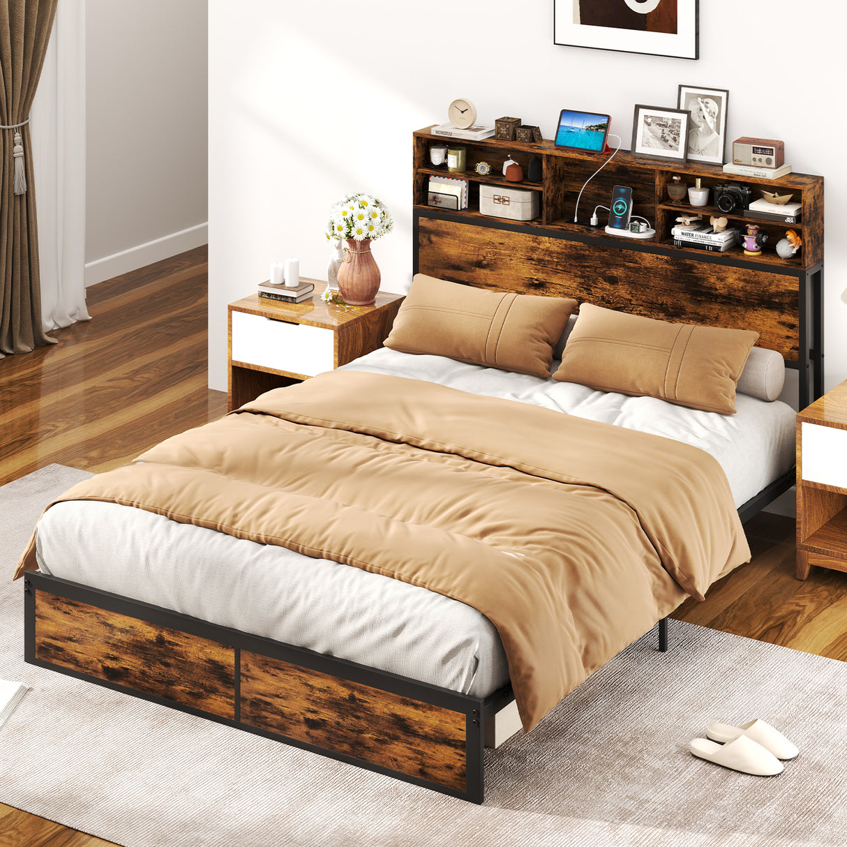 Twin/Full/Queen/King Size Bed Frame with Storage Headboard Industrial Metal Platform Bed