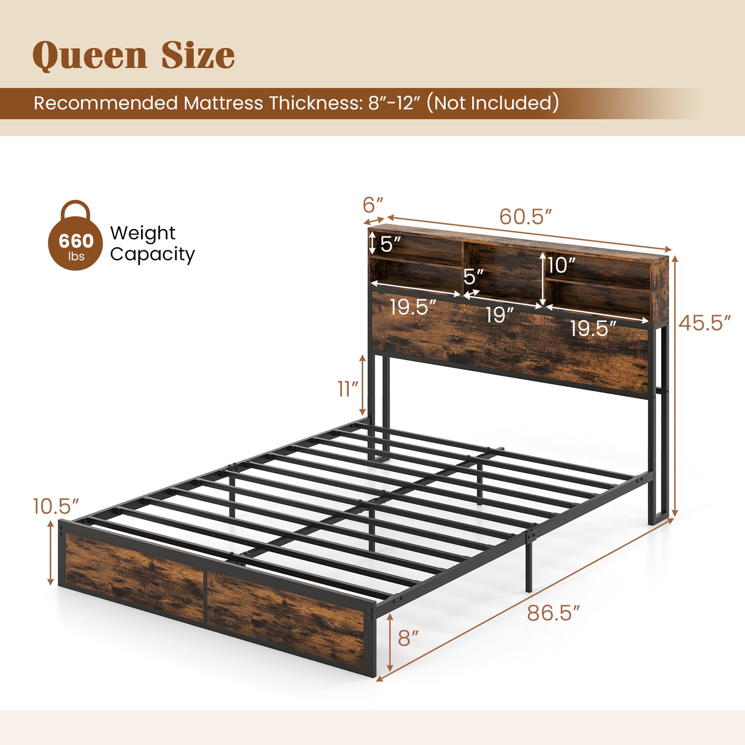 Twin/Full/Queen/King Size Bed Frame with Storage Headboard Industrial Metal Platform Bed