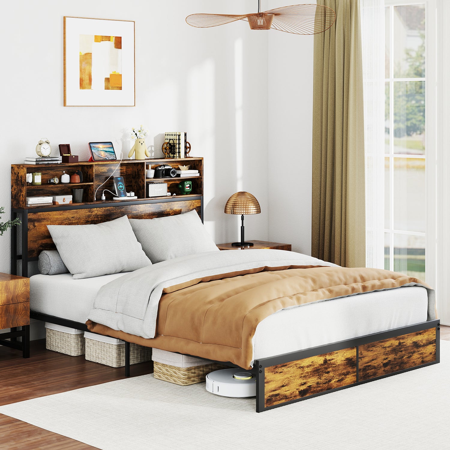 Twin/Full/Queen/King Size Bed Frame with Storage Headboard Industrial Metal Platform Bed