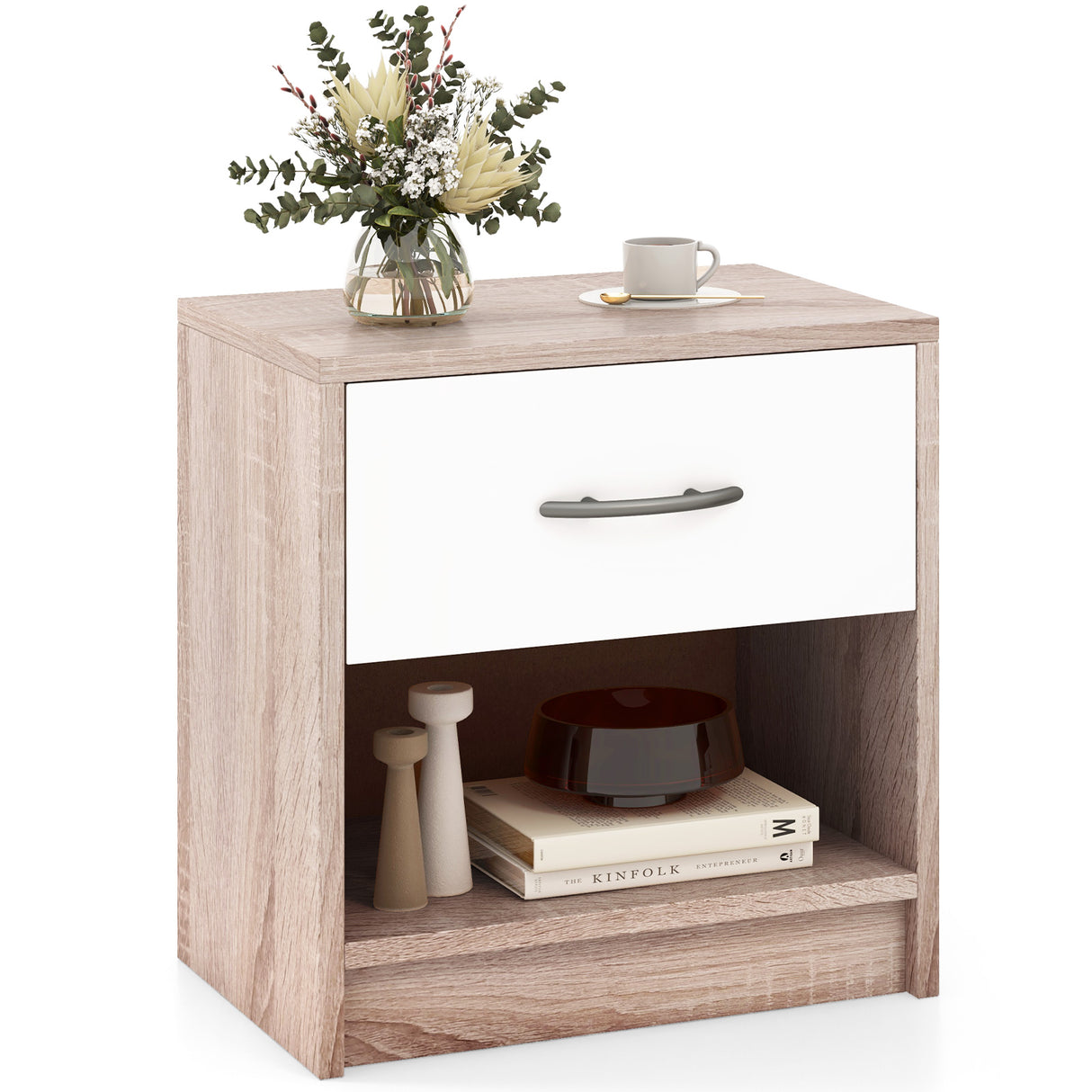 Bedside Table Nightstand with Drawer and Open Storage Shelf
