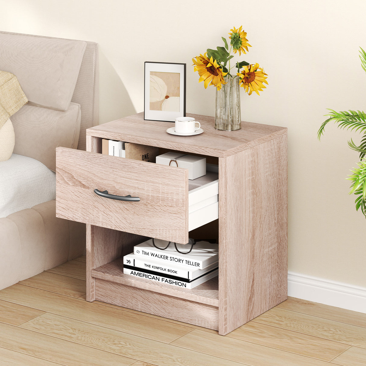 Bedside Table Nightstand with Drawer and Open Storage Shelf