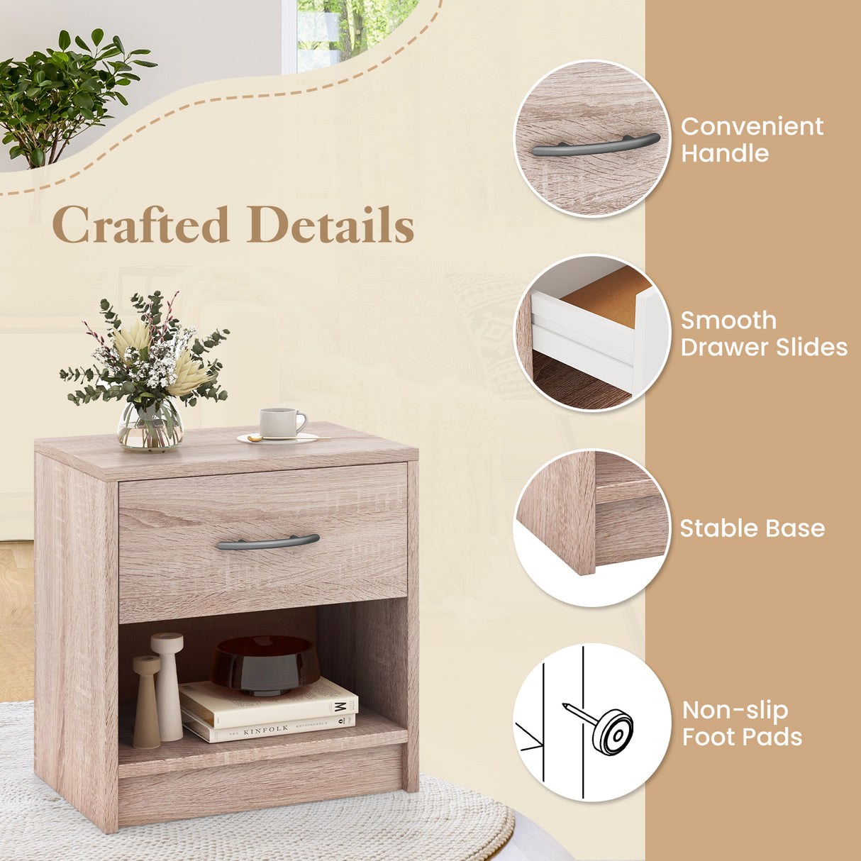 Bedside Table Nightstand with Drawer and Open Storage Shelf