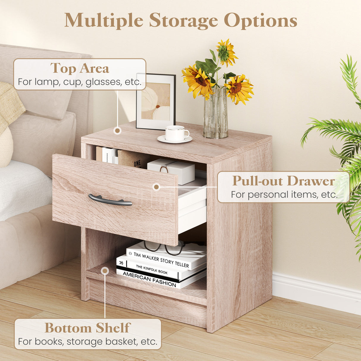 Bedside Table Nightstand with Drawer and Open Storage Shelf