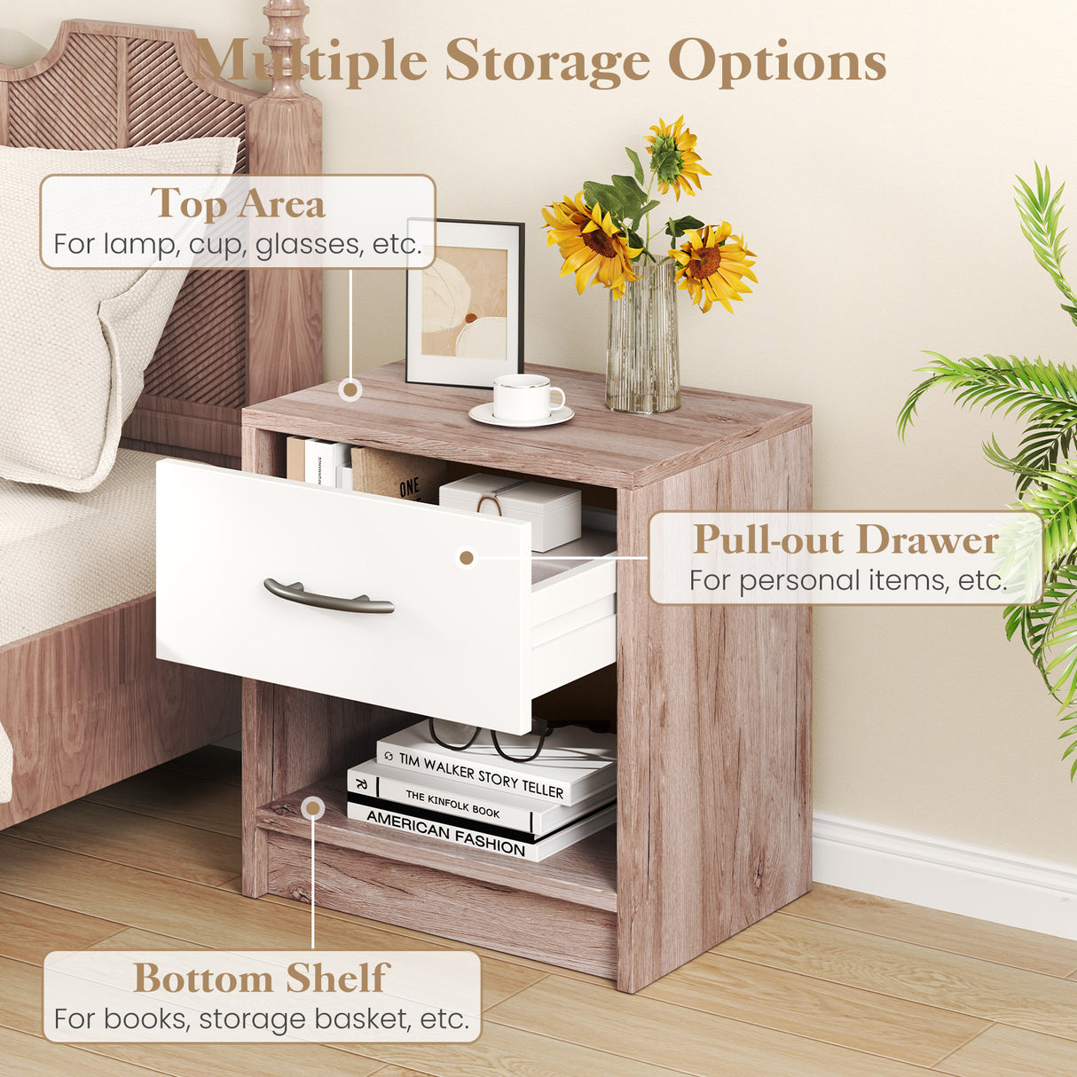 Bedside Table Nightstand with Drawer and Open Storage Shelf