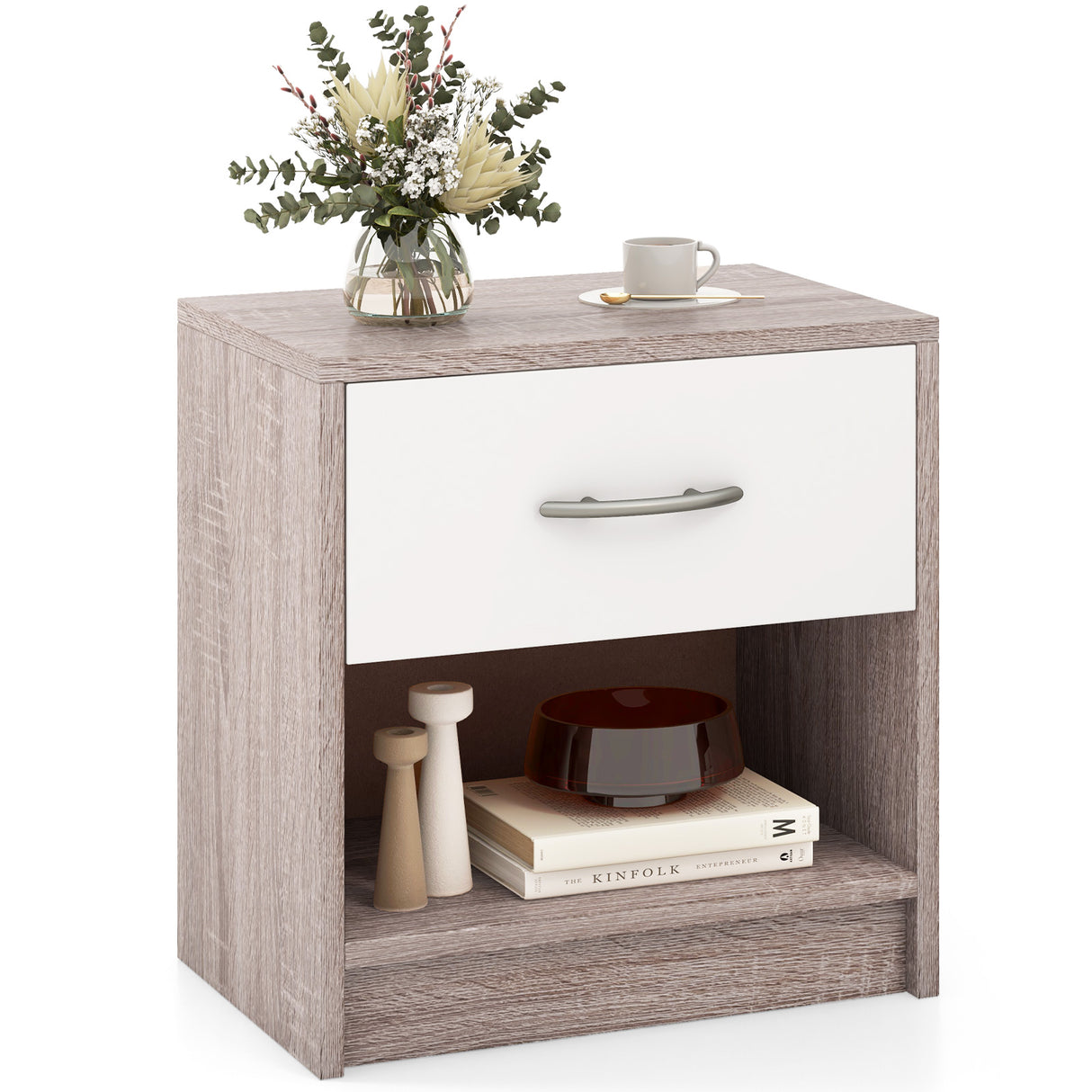 Bedside Table Nightstand with Drawer and Open Storage Shelf