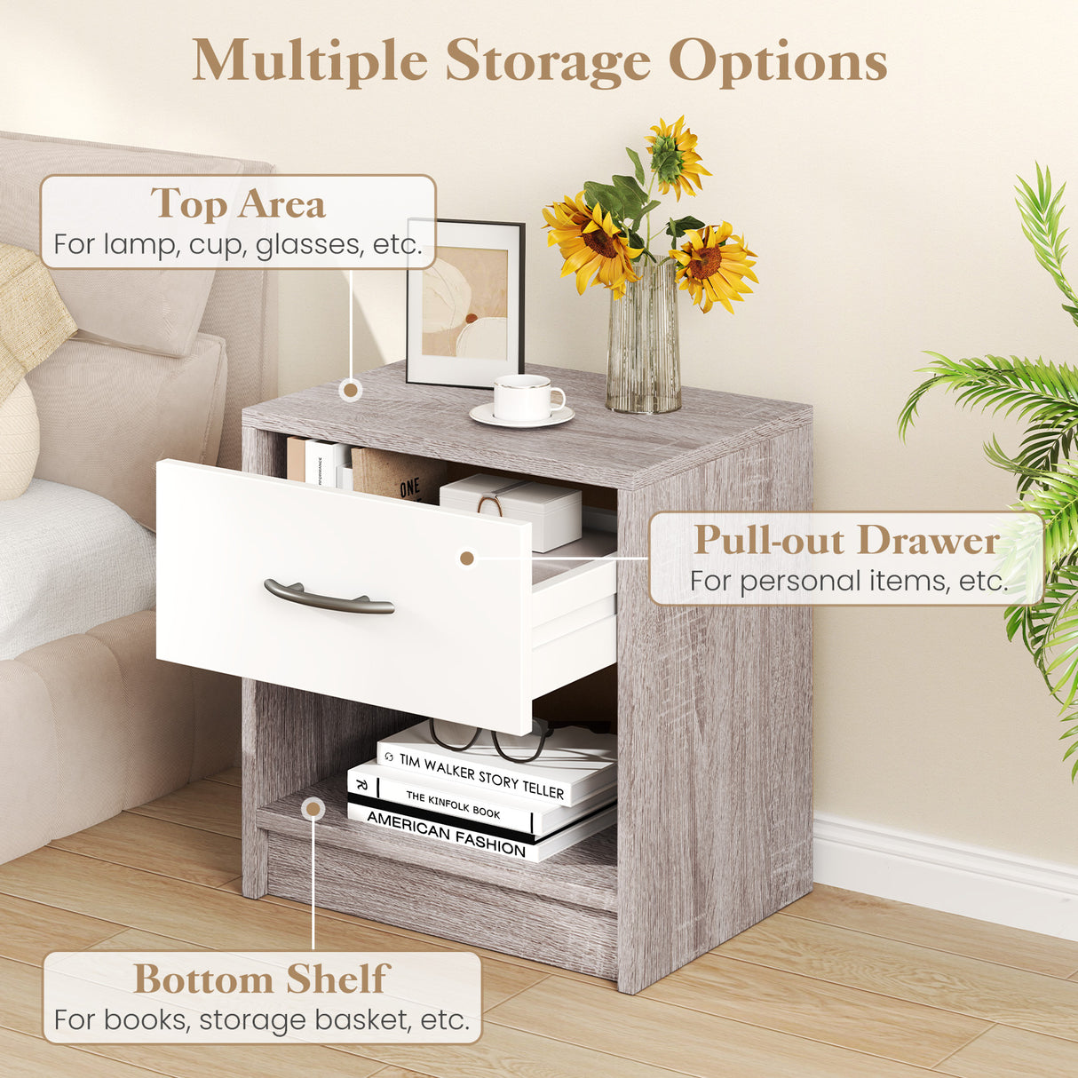 Bedside Table Nightstand with Drawer and Open Storage Shelf
