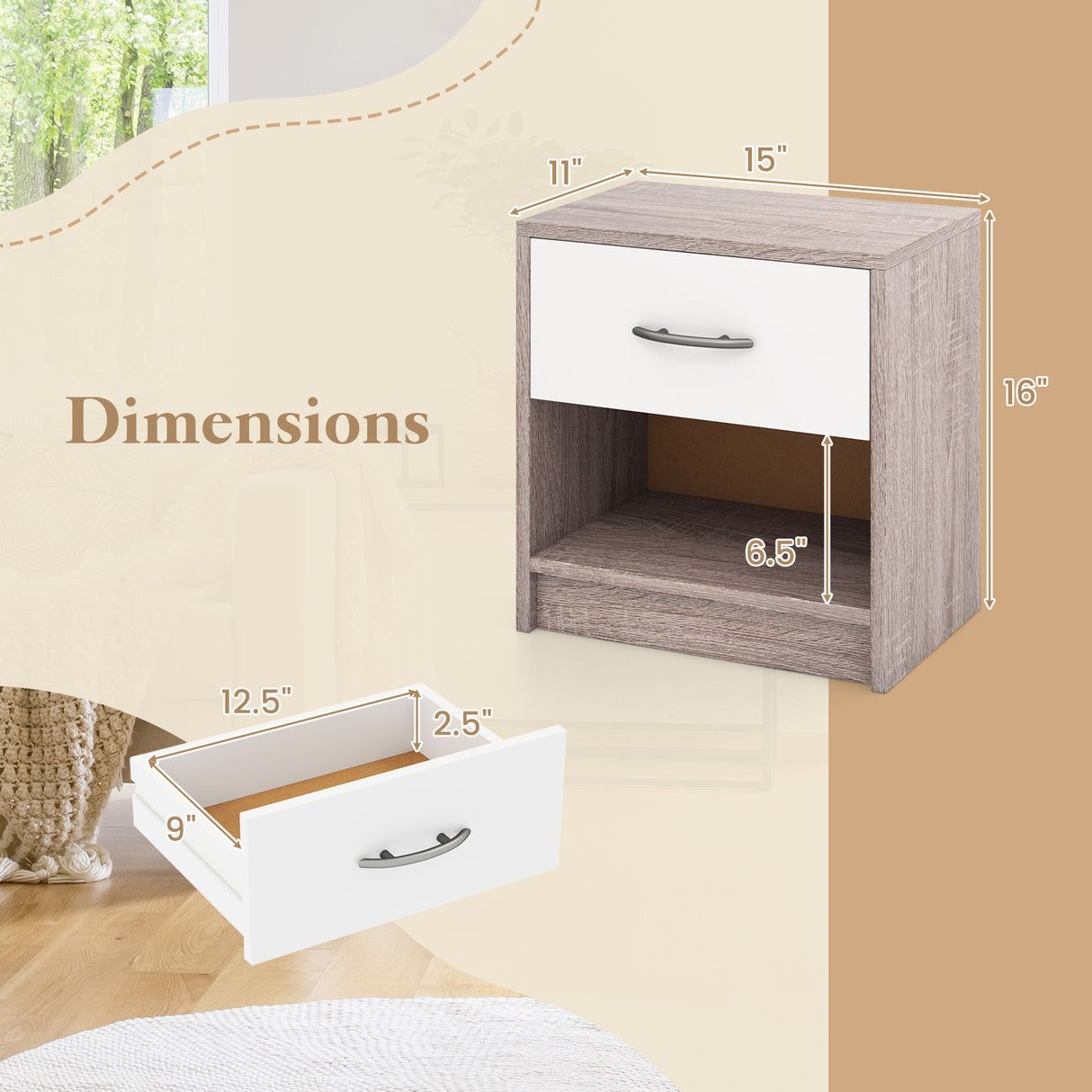 Bedside Table Nightstand with Drawer and Open Storage Shelf