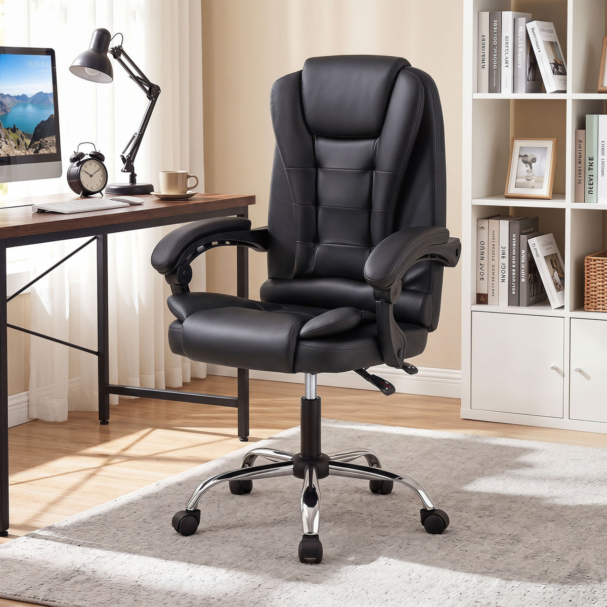 Big High Back Executive Chair with Linkage Armrests and Leather Padded Seat for Office