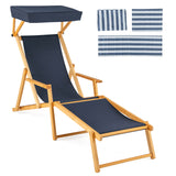 Birch Wood Chaise Lounge Chair Foldable Beach Chair with Adjustable Canopy