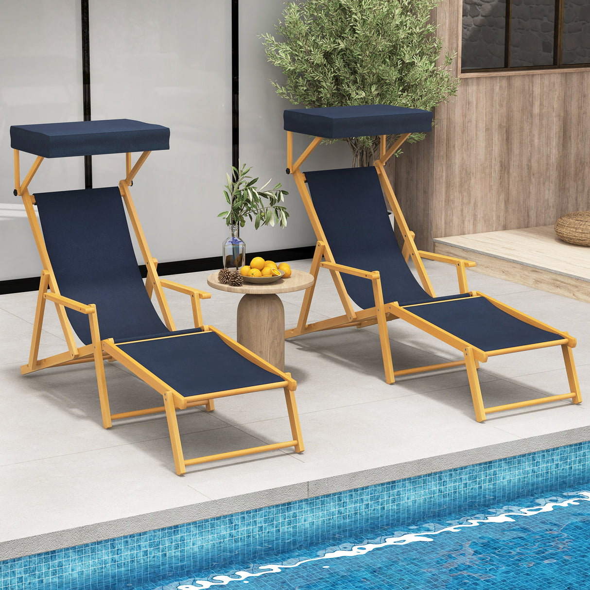 Birch Wood Chaise Lounge Chair Foldable Beach Chair with Adjustable Canopy