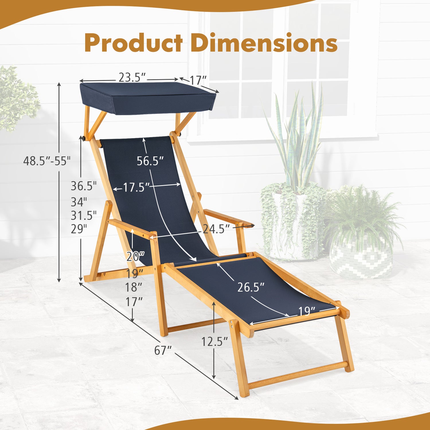 Birch Wood Chaise Lounge Chair Foldable Beach Chair with Adjustable Canopy
